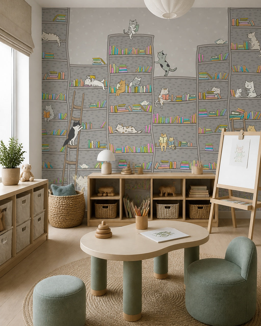 Bookshelf cats wallpaper in a children’s playroom.