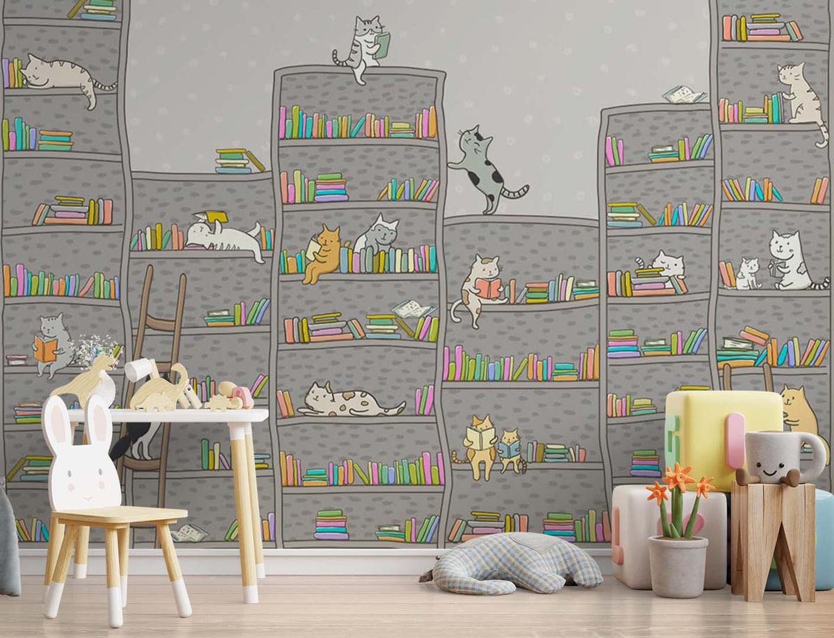 Kids Wall Mural Scandinavian style Bookshelf Cats