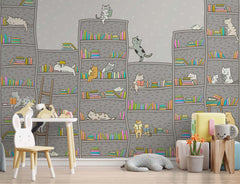 Custom Kids Wall Mural Scandinavian style Bookshelf Cats