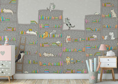 Custom Kids Wall Mural Scandinavian style Bookshelf Cats