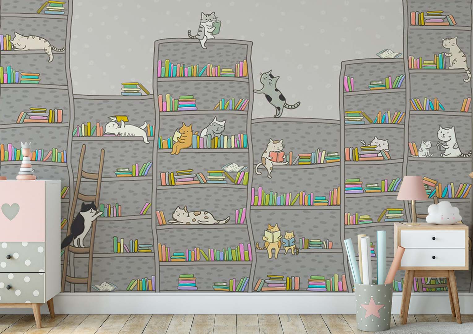 Kids Wall Mural Scandinavian style Bookshelf Cats