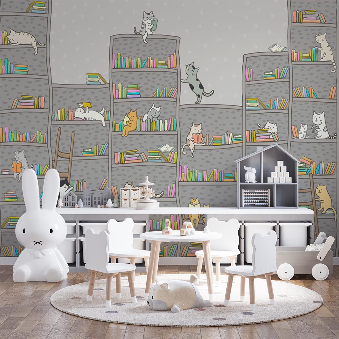 Kids Wall Mural Scandinavian style Bookshelf Cats