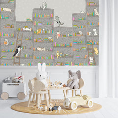 Custom Kids Wall Mural Scandinavian style Bookshelf Cats