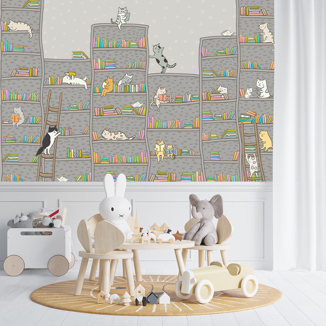 Kids Wall Mural Scandinavian style Bookshelf Cats