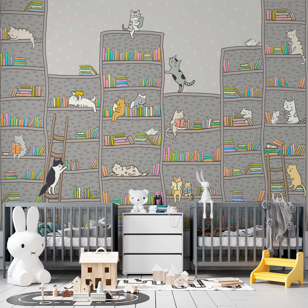 Kids Wall Mural Scandinavian style Bookshelf Cats