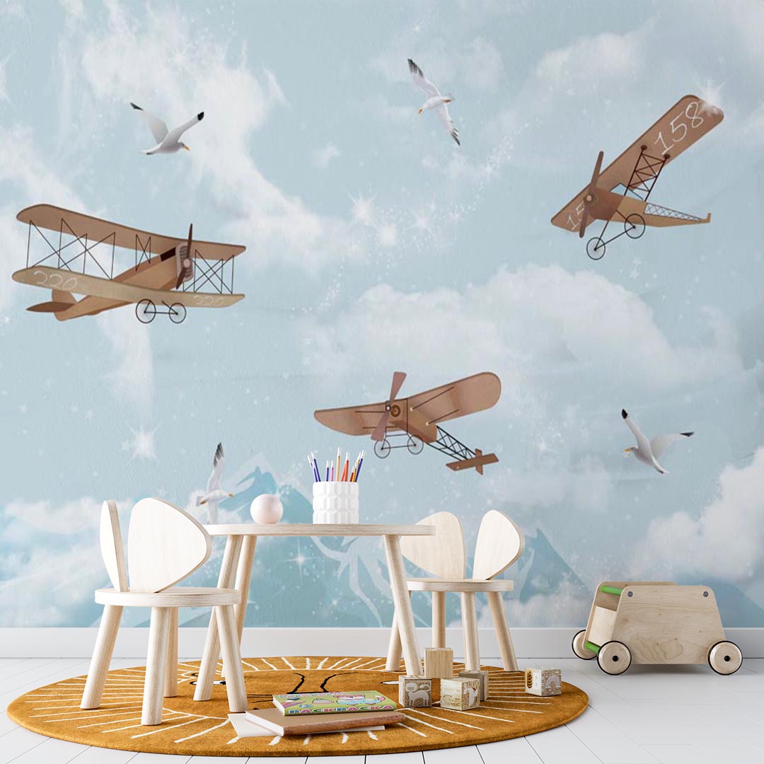 Custom Kids Wall Mural Vintage Aeroplane Snowy Mountains Wallpaper for Kids