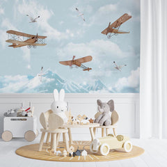 Custom Kids Wall Mural Vintage Aeroplane Snowy Mountains Wallpaper for Kids