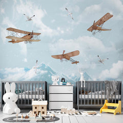 Custom Kids Wall Mural Vintage Aeroplane Snowy Mountains Wallpaper for Kids