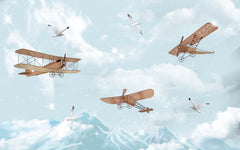 Custom Kids Wall Mural Vintage Aeroplane Snowy Mountains Wallpaper for Kids