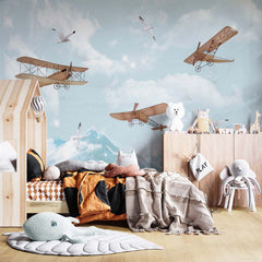 Custom Kids Wall Mural Vintage Aeroplane Snowy Mountains Wallpaper for Kids