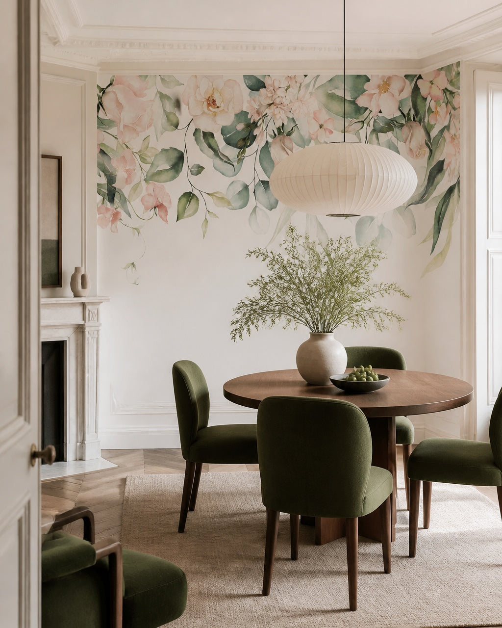 Watercolor floral garland wallpaper in a refined dining area.