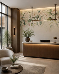 Watercolor floral garland wallpaper in a boutique hotel lobby.