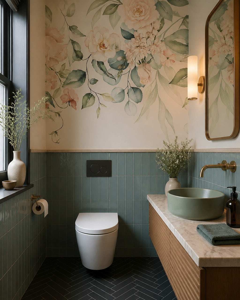 Watercolor floral garland wallpaper in an elegant powder room.