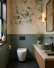 Watercolor floral garland wallpaper in an elegant powder room.