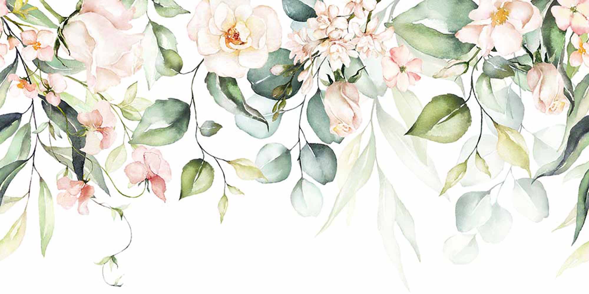 Soft Greenery and Pastel Floral Garland Wall Mural - Elegant Watercolor Wallpaper