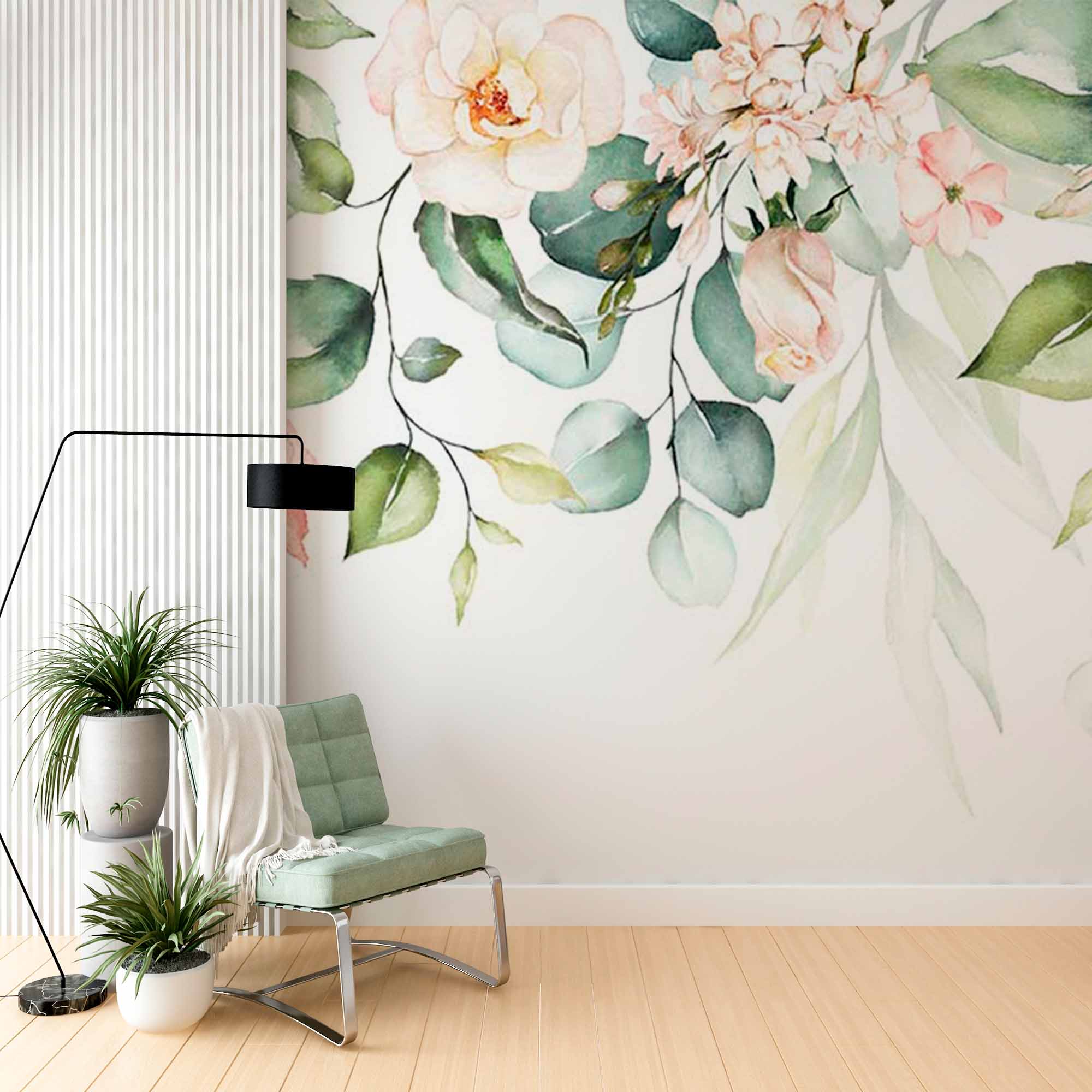 Soft Greenery and Pastel Floral Garland Wall Mural - Elegant Watercolor Wallpaper