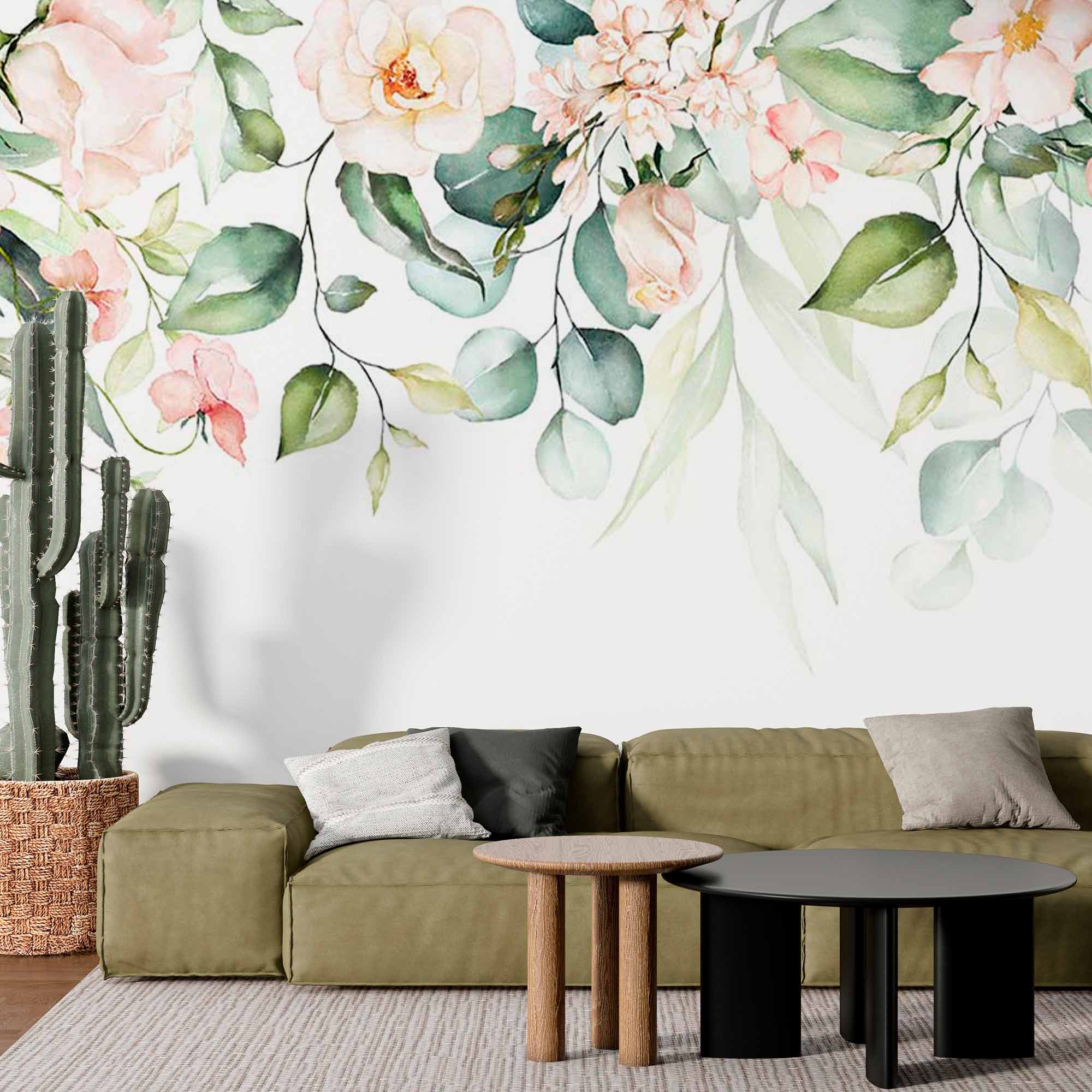 Soft Greenery and Pastel Floral Garland Wall Mural - Elegant Watercolor Wallpaper