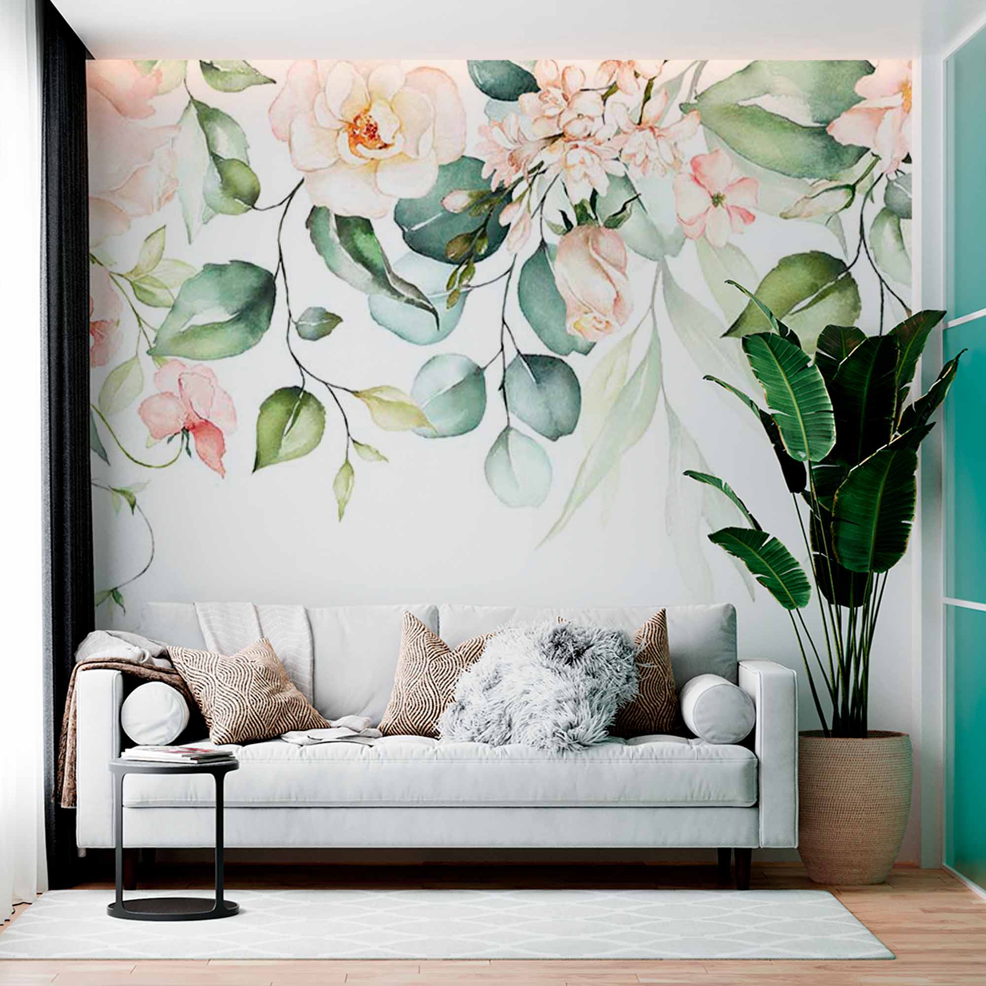 Soft Greenery and Pastel Floral Garland Wall Mural - Elegant Watercolor Wallpaper