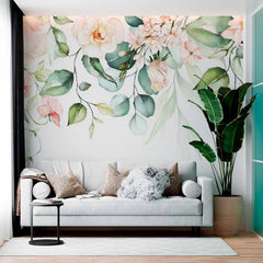 Custom Soft Greenery and Pastel Floral Garland Wall Mural - Elegant Watercolor Wallpaper