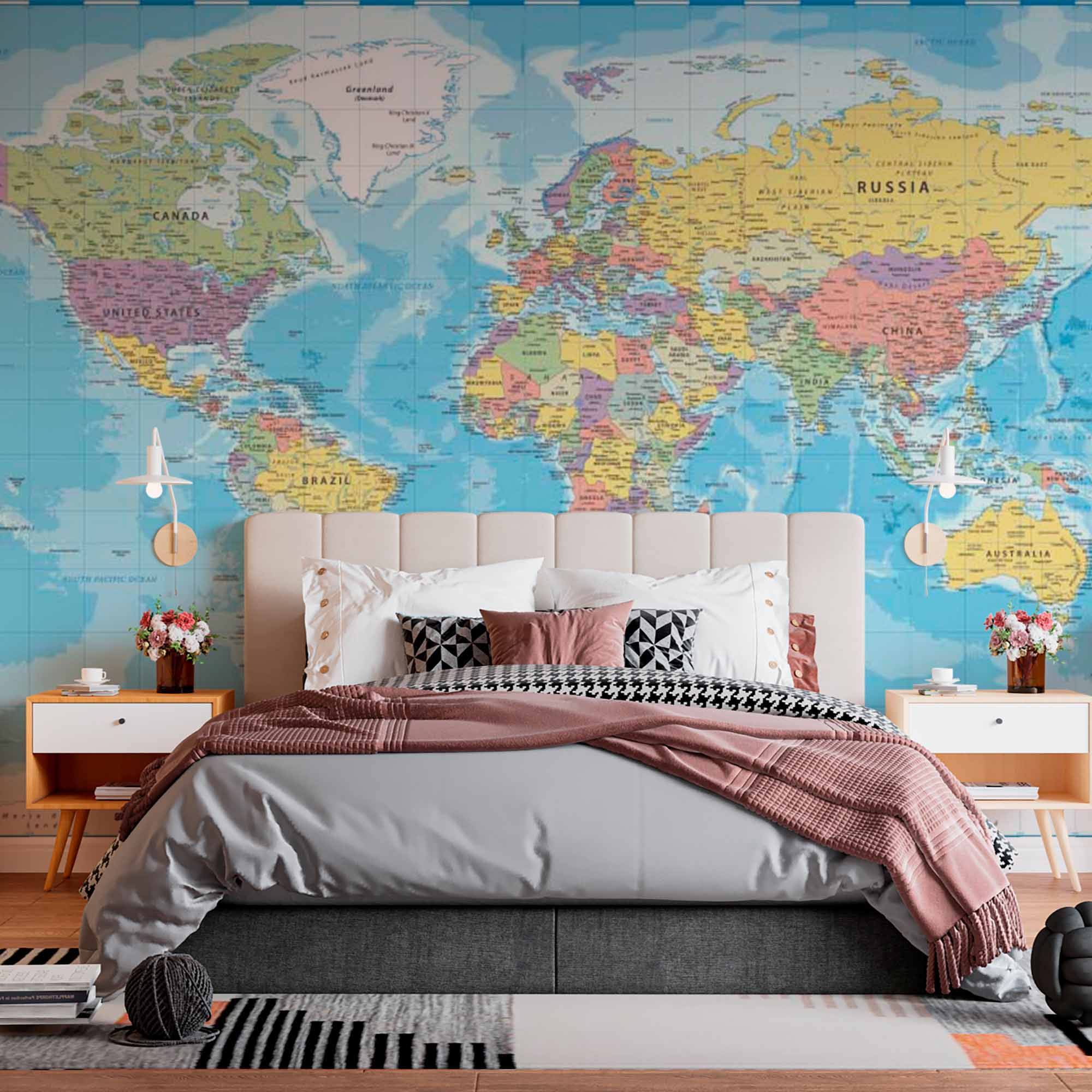 Detailed Political World Map Wall Mural Wallpaper with Country Borders and Ocean Depths