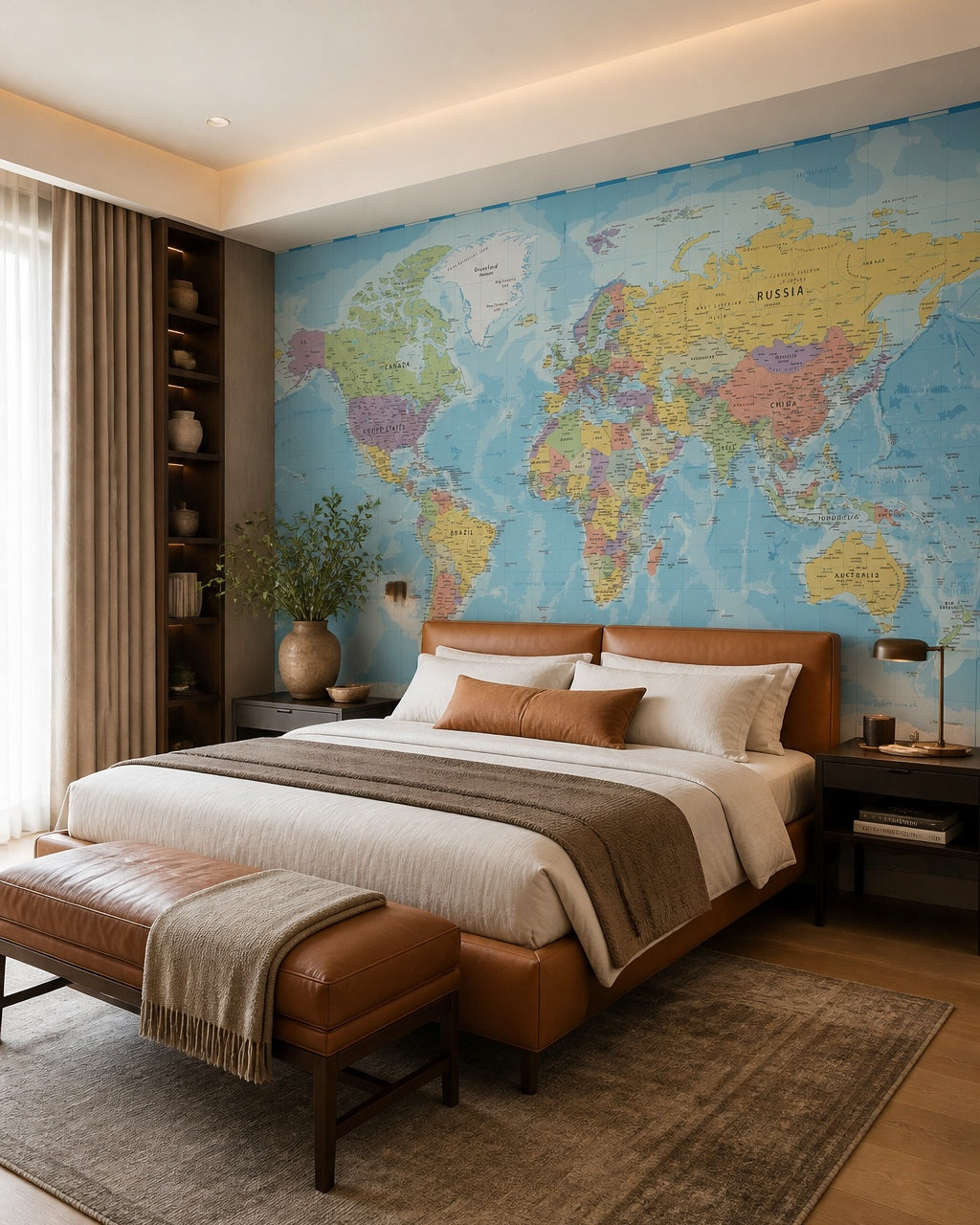 Political world map wallpaper in a designer bedroom.