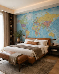 Political world map wallpaper in a designer bedroom.