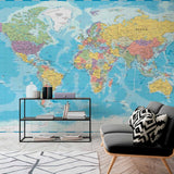 Detailed Political World Map Wall Mural Wallpaper with Country Borders and Ocean Depths