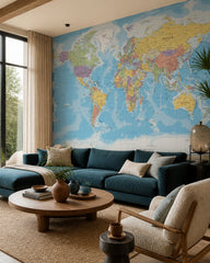Political world map wallpaper in a designer living room.