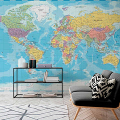 Custom Detailed Political World Map Wall Mural Wallpaper with Country Borders and Ocean Depths