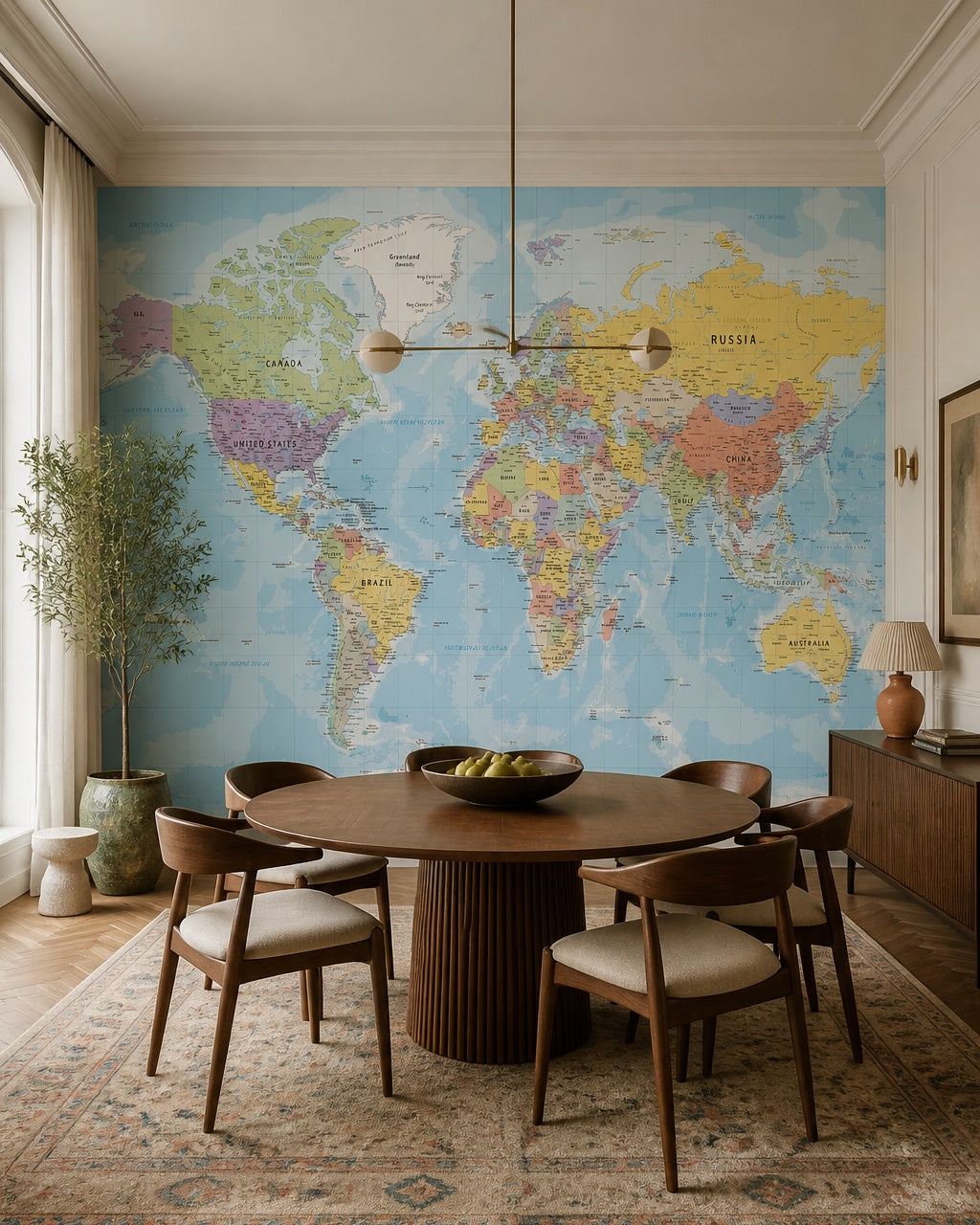 Political world map wallpaper in a refined dining area.