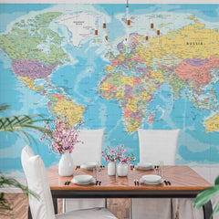 Custom Detailed Political World Map Wall Mural Wallpaper with Country Borders and Ocean Depths