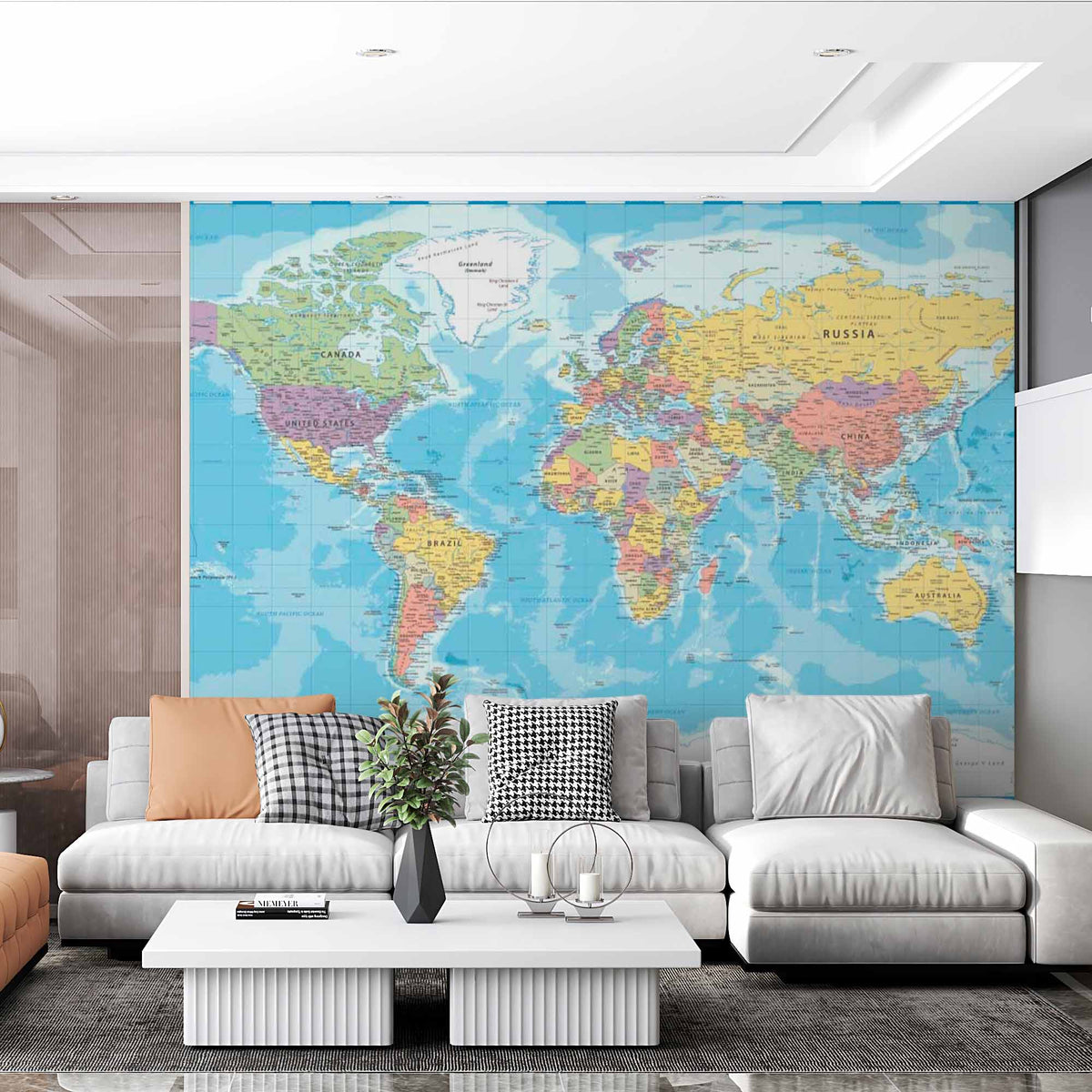 Detailed Political World Map Wall Mural Wallpaper with Country Borders and Ocean Depths