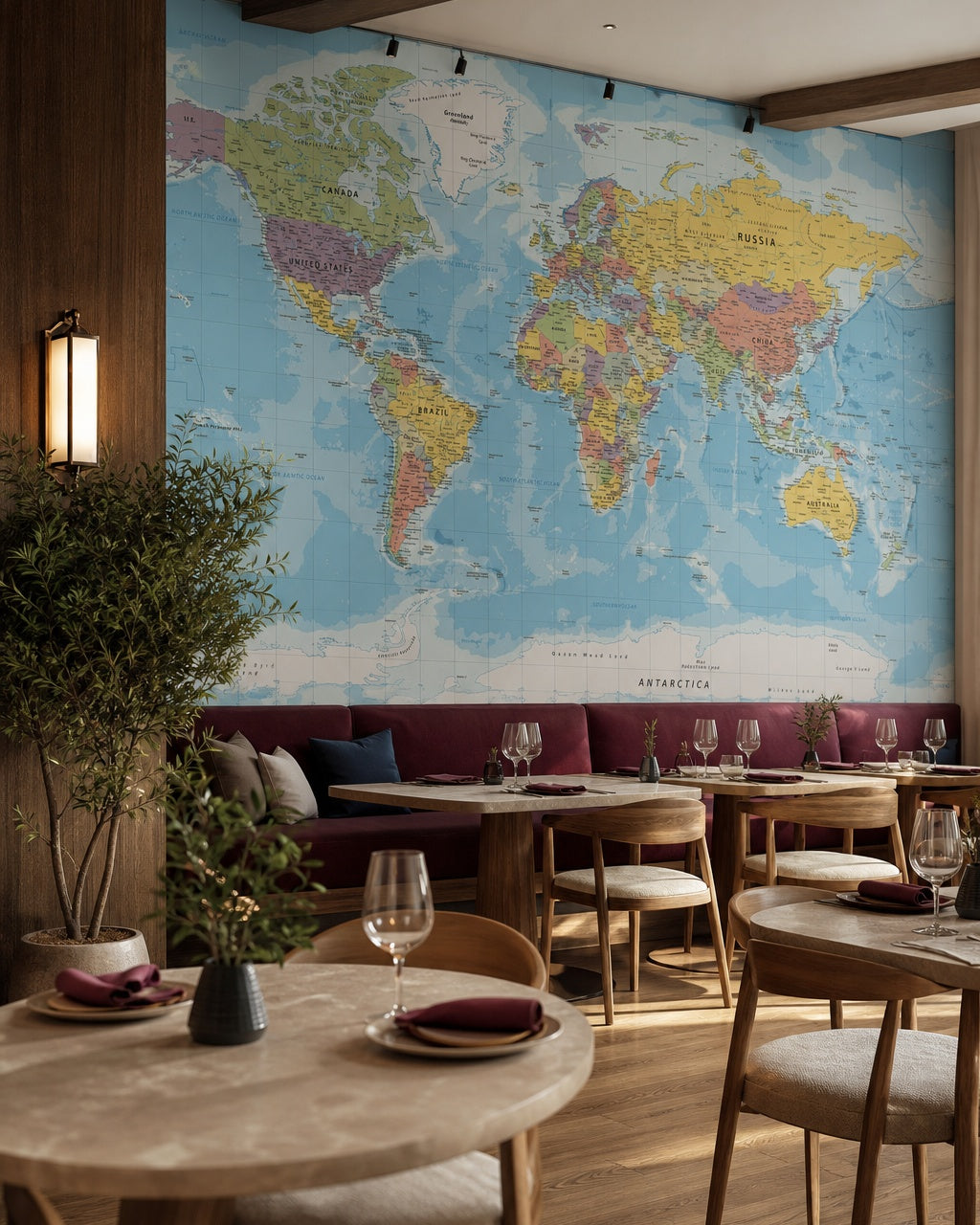 Political world map wallpaper in a restaurant.