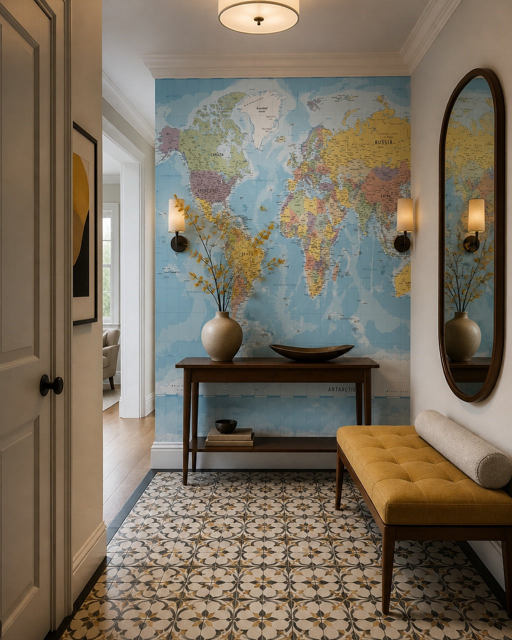 Political world map wallpaper in a refined foyer.