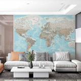 Subdued Pastel World Map Wall Mural Wallpaper with Detailed Geography