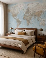 Pastel physical world map wallpaper in a designer bedroom.