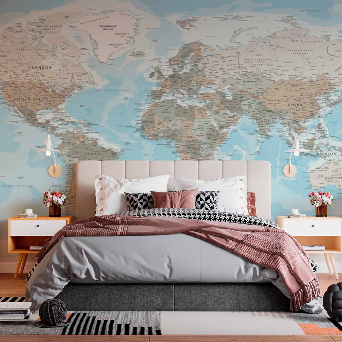 Custom Subdued Pastel World Map Wall Mural Wallpaper with Detailed Geography