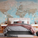 Subdued Pastel World Map Wall Mural Wallpaper with Detailed Geography