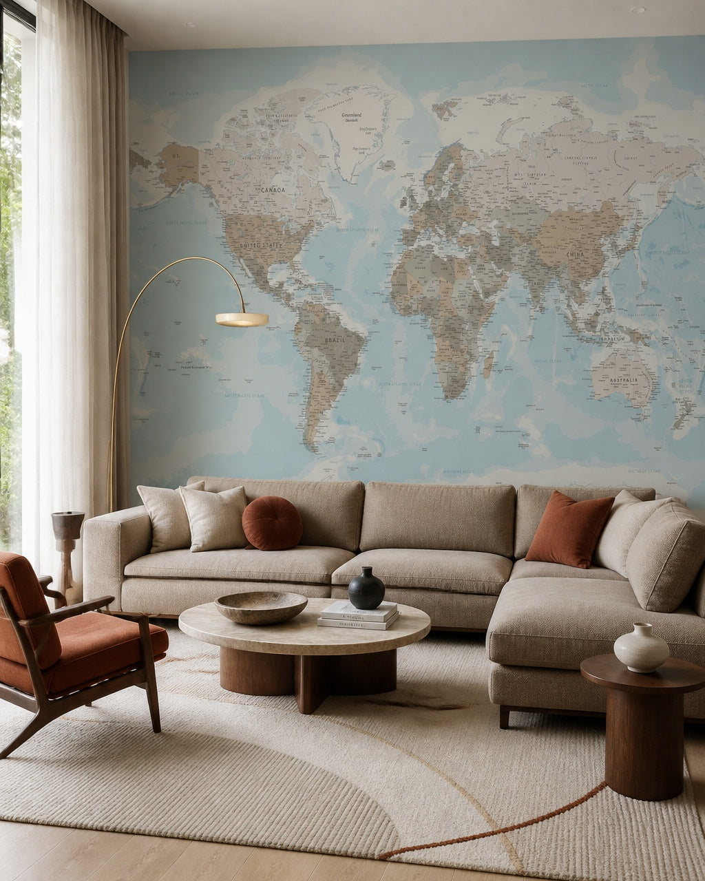 Pastel physical world map wallpaper in a designer living room.