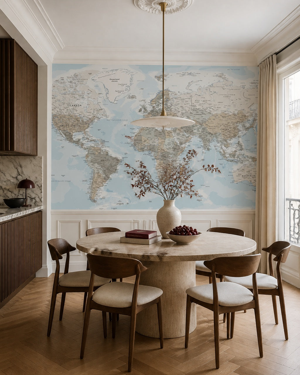 Pastel physical world map wallpaper in a refined dining area.