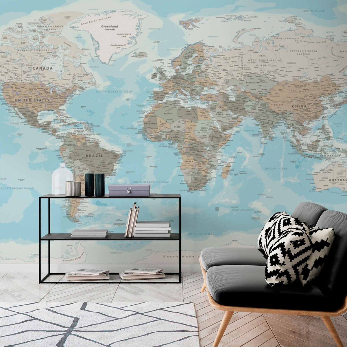 Subdued Pastel World Map Wall Mural Wallpaper with Detailed Geography