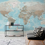 Subdued Pastel World Map Wall Mural Wallpaper with Detailed Geography