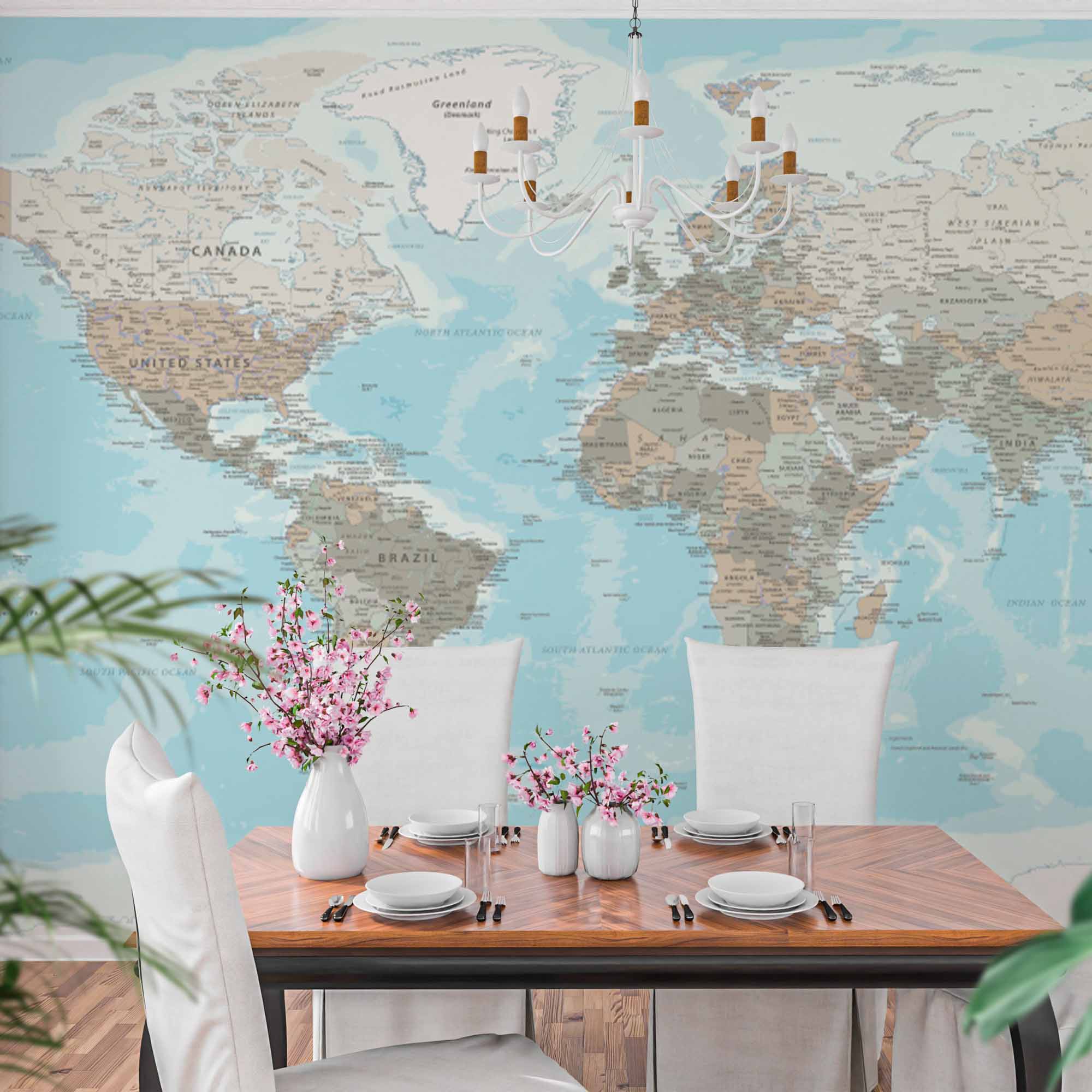 Subdued Pastel World Map Wall Mural Wallpaper with Detailed Geography