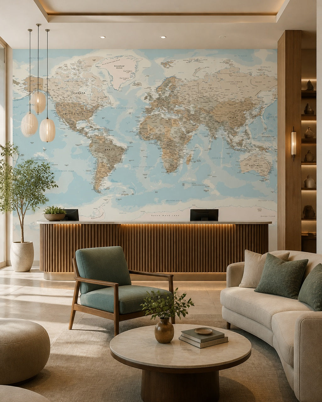 Pastel physical world map wallpaper in a boutique hotel lobby.