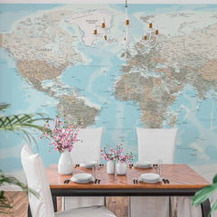 Custom Subdued Pastel World Map Wall Mural Wallpaper with Detailed Geography