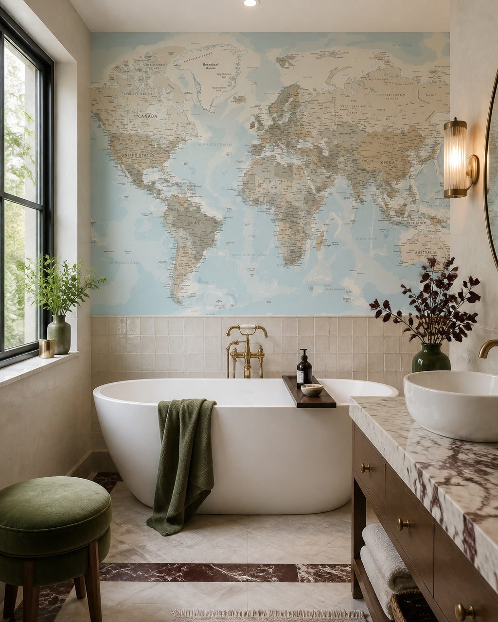 Pastel physical world map wallpaper in a luxury bathroom.