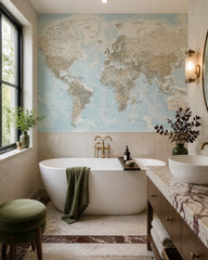 Pastel physical world map wallpaper in a luxury bathroom.