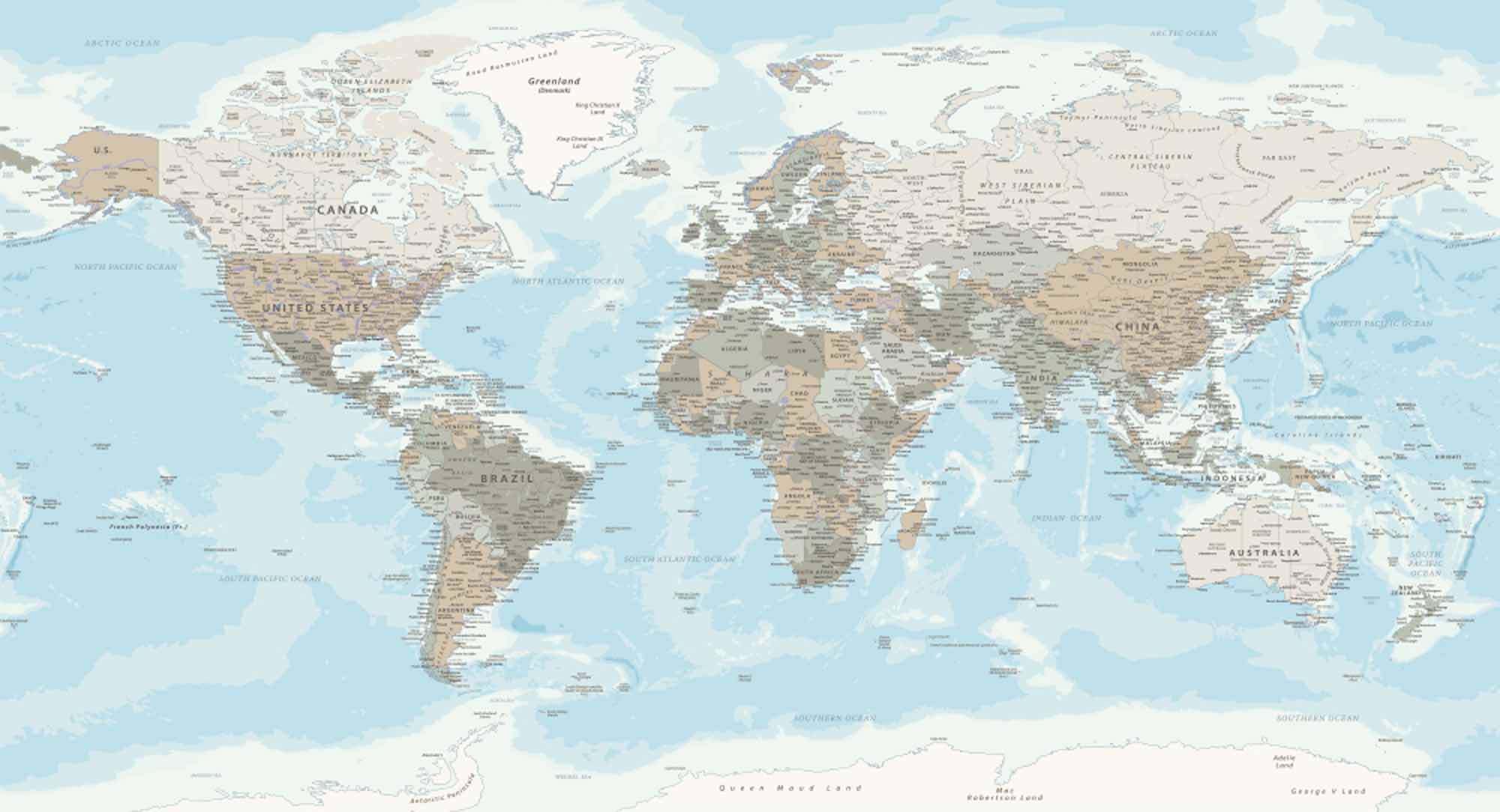 Stonowana pastelowa fototapeta z mapą świata ze szczegółową geografią