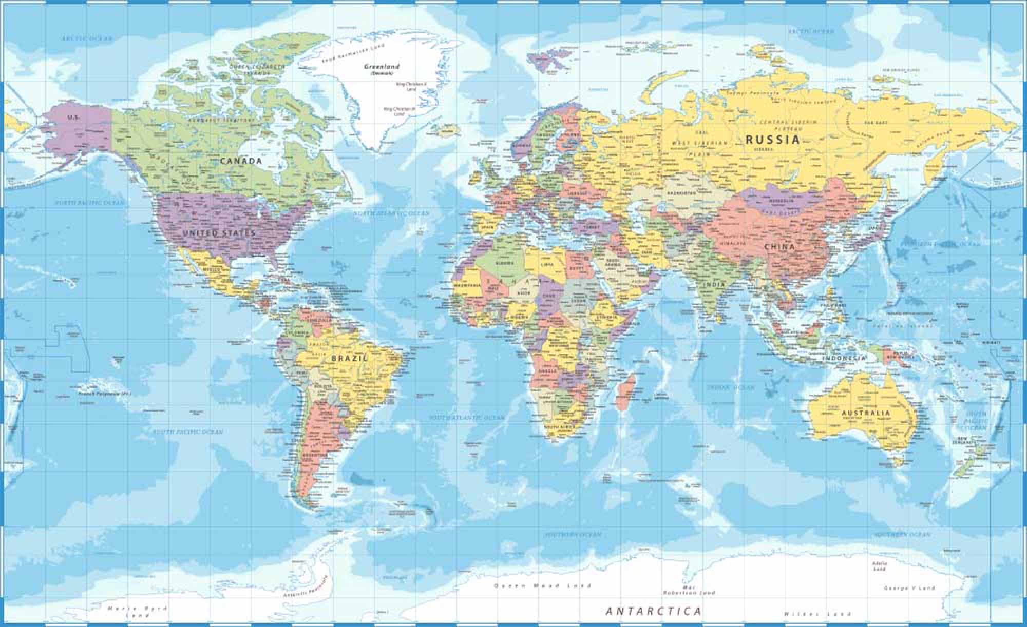 Detailed Political World Map Wall Mural Wallpaper with Country Borders and Ocean Depths