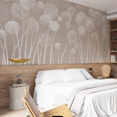 Custom Neutral Beige Dandelion Seed Head Wallpaper Soft White Botanical Wall Mural for Calm Interiors